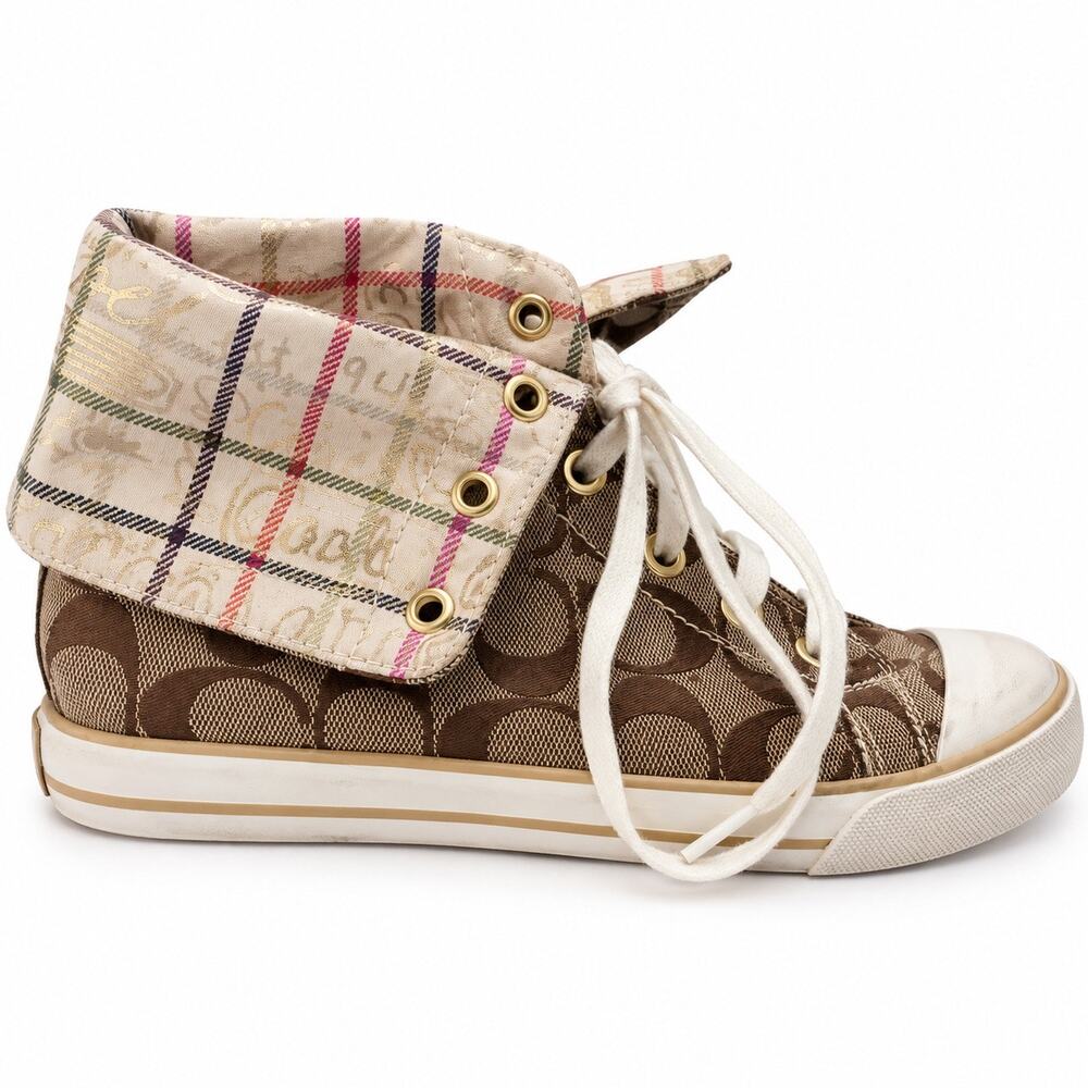 Coach Bonney Signature C Plaid Fold Over High Top Sneakers Y2K Womens 8B